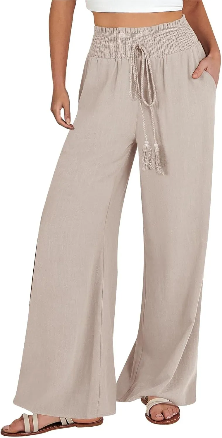 Women Cotton Linen Summer Floral Pant Trousers Elastic Waist Baggy Stretchy Slim Fit Trousers Trendy