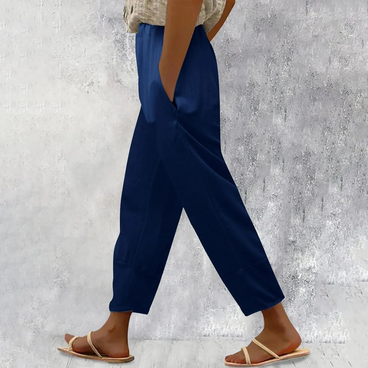 Women Cotton Linen Summer Flowy Pants Elastic Waisted Baggy Stretchy Plus Size Trousers Business Work