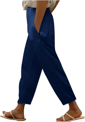 Women Cotton Linen Summer Flowy Pants Elastic Waisted Baggy Stretchy Plus Size Trousers Business Work