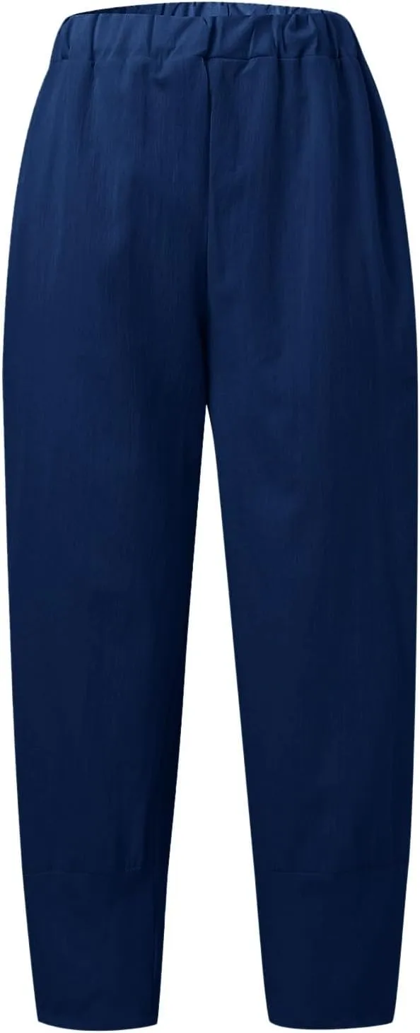Women Cotton Linen Summer Flowy Pants Elastic Waisted Baggy Stretchy Plus Size Trousers Business Work