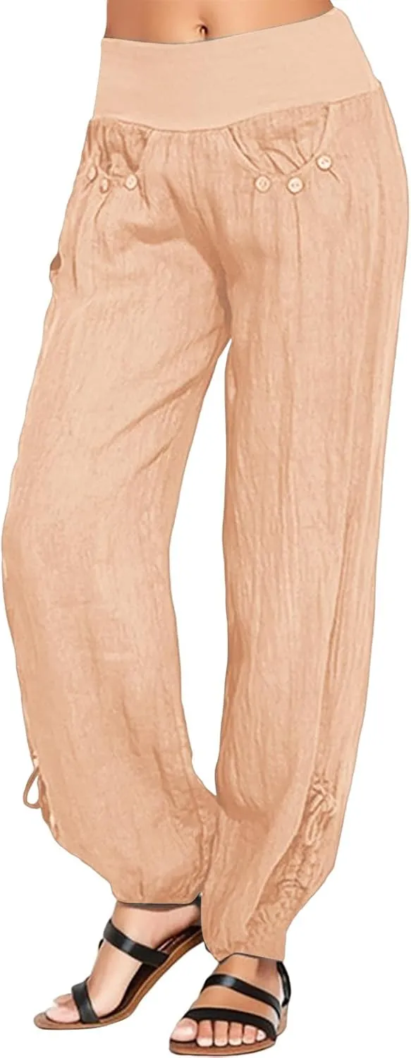 Women Cotton Linen Summer Flowy Pants High Waist Stretchy Loose Fit Pants Business Work