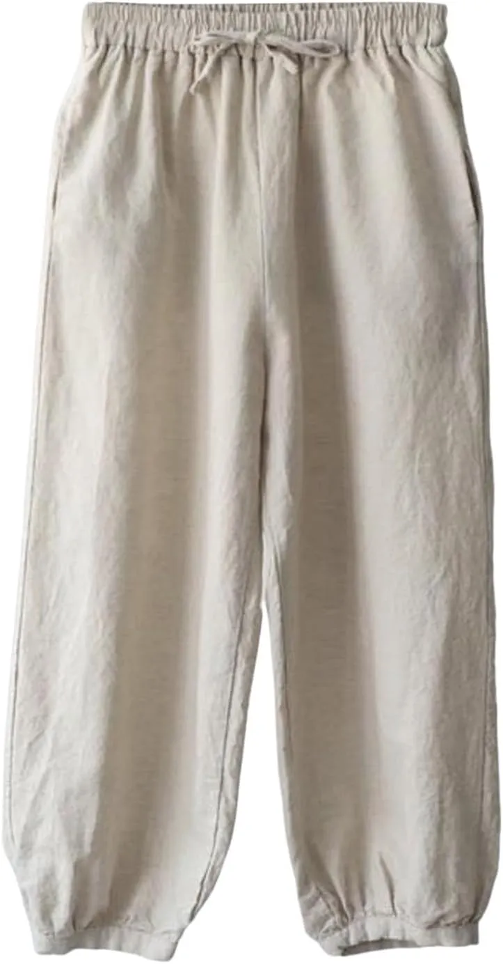 Women Cotton Linen Summer Flowy Pants High Waist Stretchy Loose Fit Pants Business Work