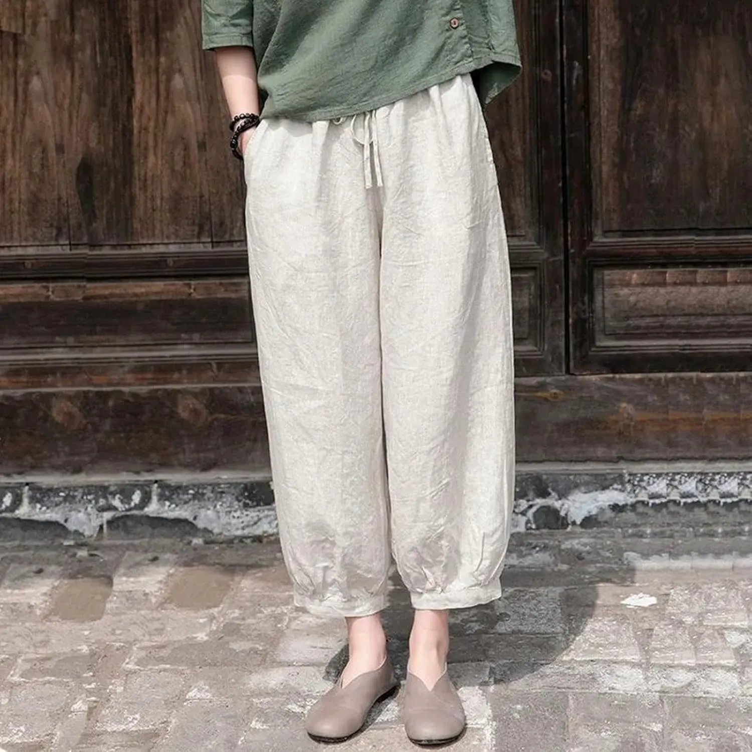 Women Cotton Linen Summer Flowy Pants High Waist Stretchy Loose Fit Pants Business Work