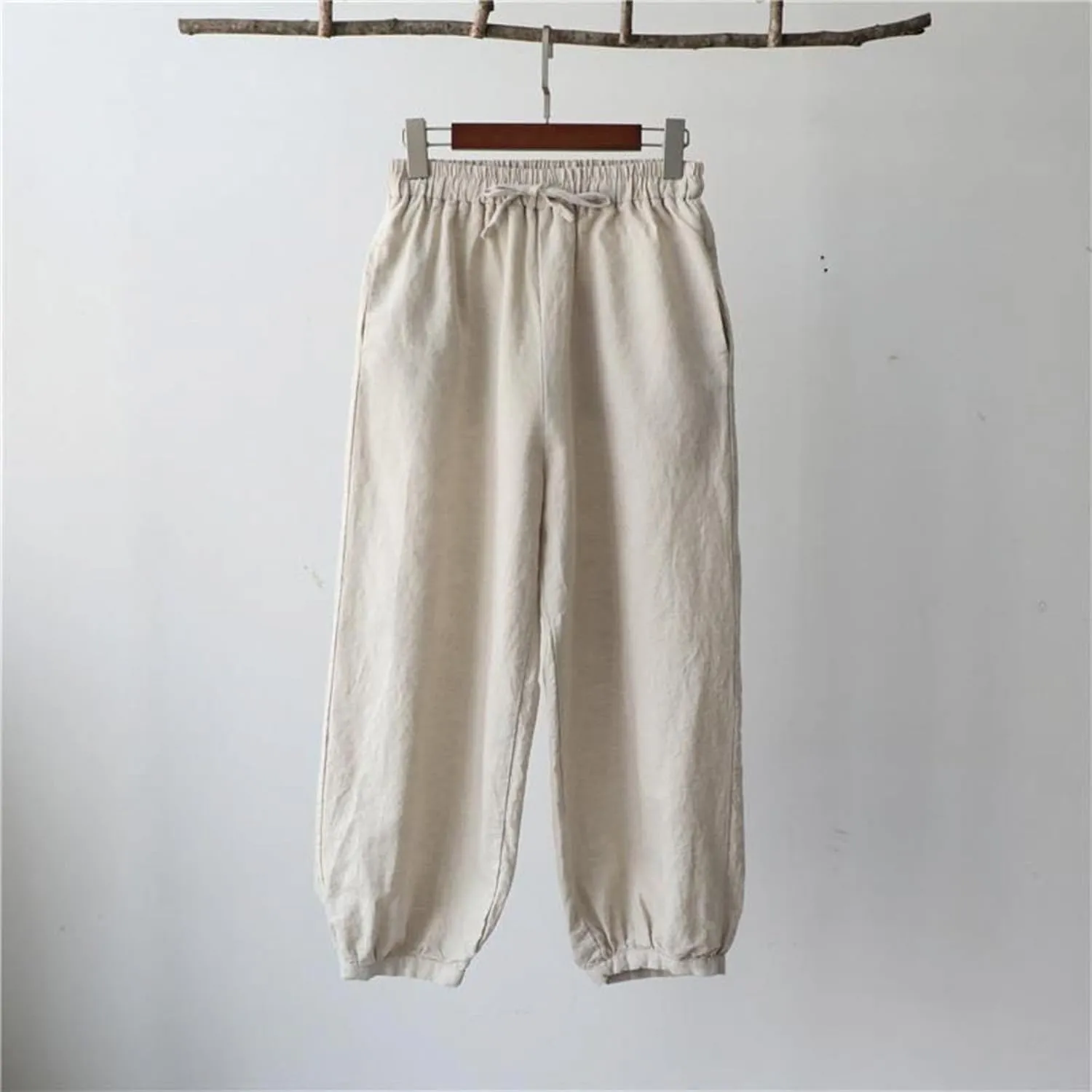 Women Cotton Linen Summer Flowy Pants High Waist Stretchy Loose Fit Pants Business Work