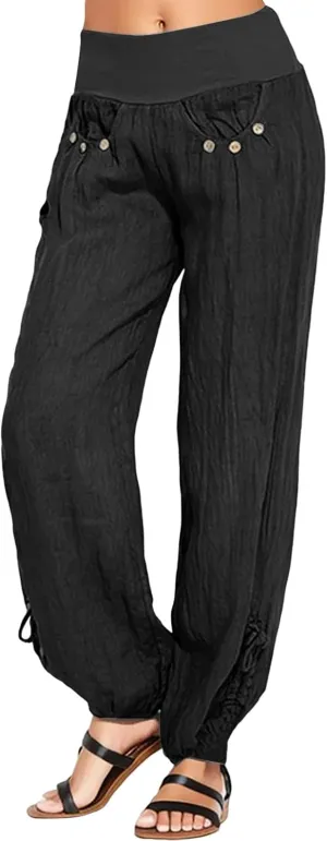 Women Cotton Linen Summer Flowy Pants High Waist Stretchy Loose Fit Pants Business Work
