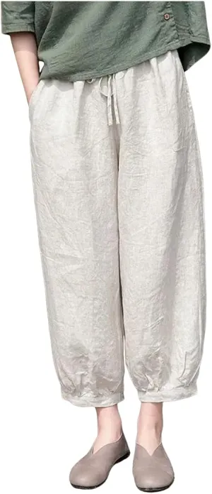 Women Cotton Linen Summer Flowy Pants High Waist Stretchy Loose Fit Pants Business Work