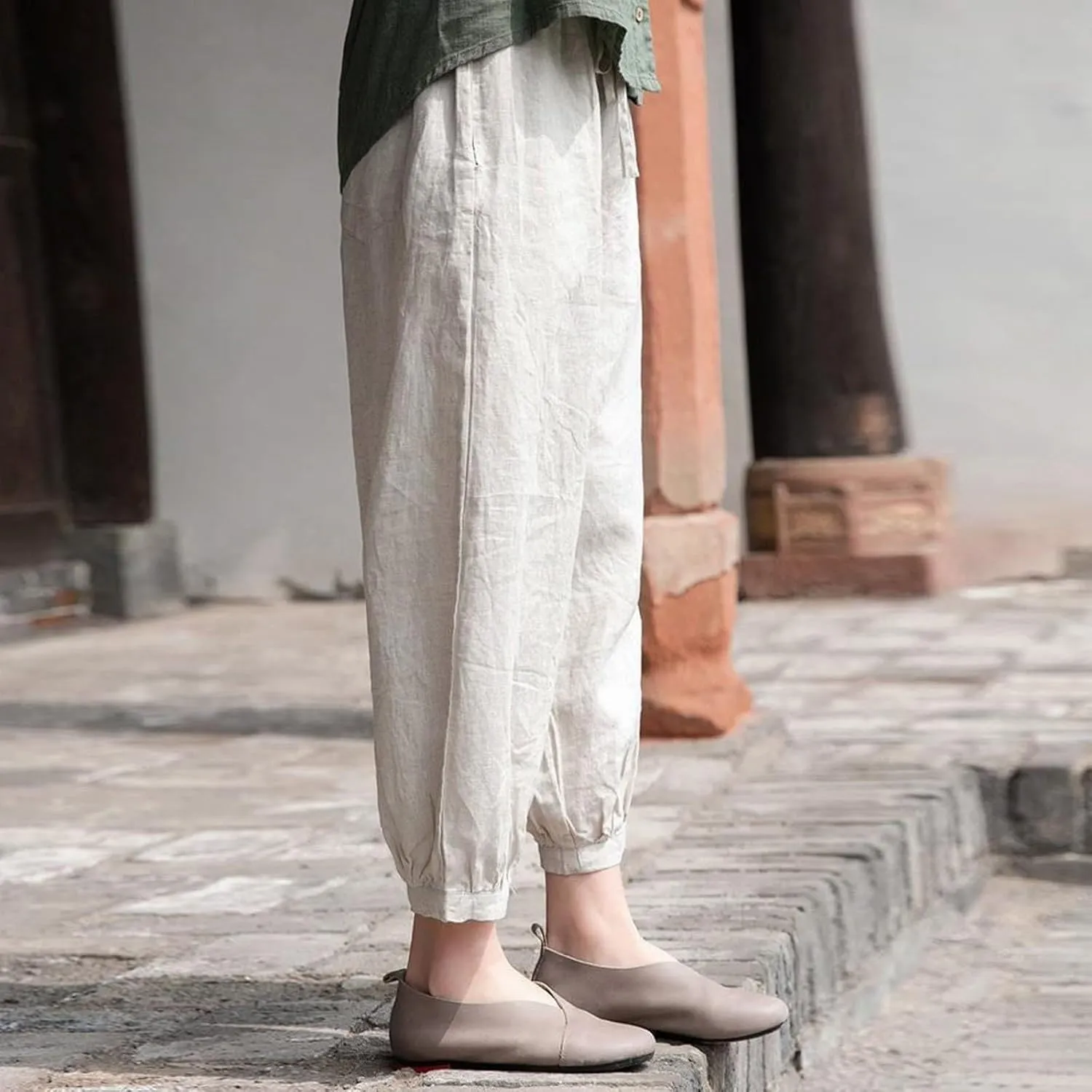 Women Cotton Linen Summer Flowy Pants High Waist Stretchy Loose Fit Pants Business Work