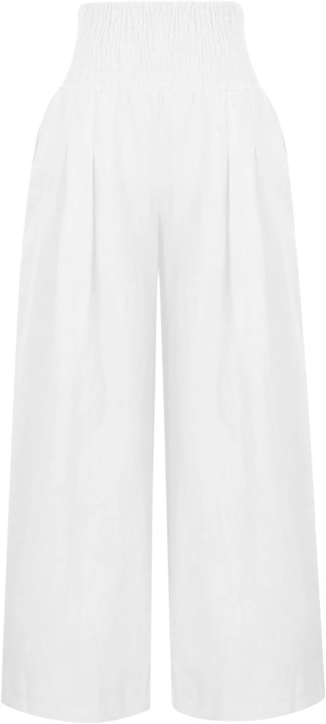 Women Cotton Linen Summer Striped Palazzo Lounge Pants Elastic Waist Stretchy Plus Size Trouser Trendy