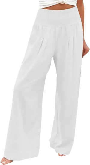 Women Cotton Linen Summer Striped Palazzo Lounge Pants Elastic Waist Stretchy Plus Size Trouser Trendy
