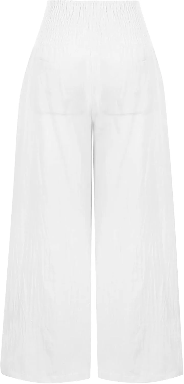 Women Cotton Linen Summer Striped Palazzo Lounge Pants Elastic Waist Stretchy Plus Size Trouser Trendy