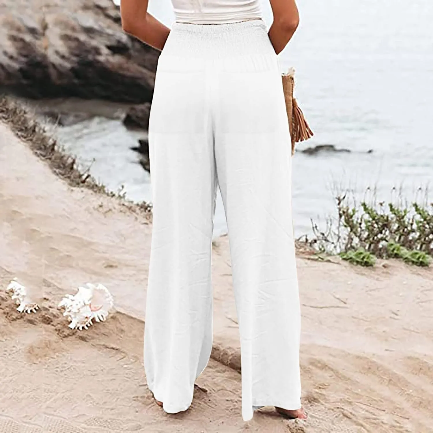Women Cotton Linen Summer Striped Palazzo Lounge Pants Elastic Waist Stretchy Plus Size Trouser Trendy