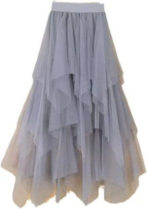Women Irregular Tulle Skirts Elastic High Waist Mesh Skirt Pleated Long Skirts Midi Skirt