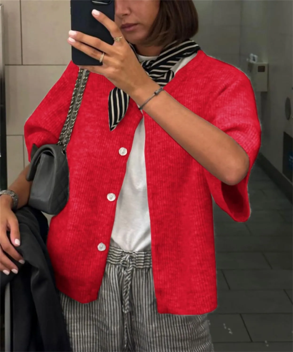Women Knitted Crop Cardigan Shirt Short Sleeve Y2k Button up Knit Cute Going Out Sweaters