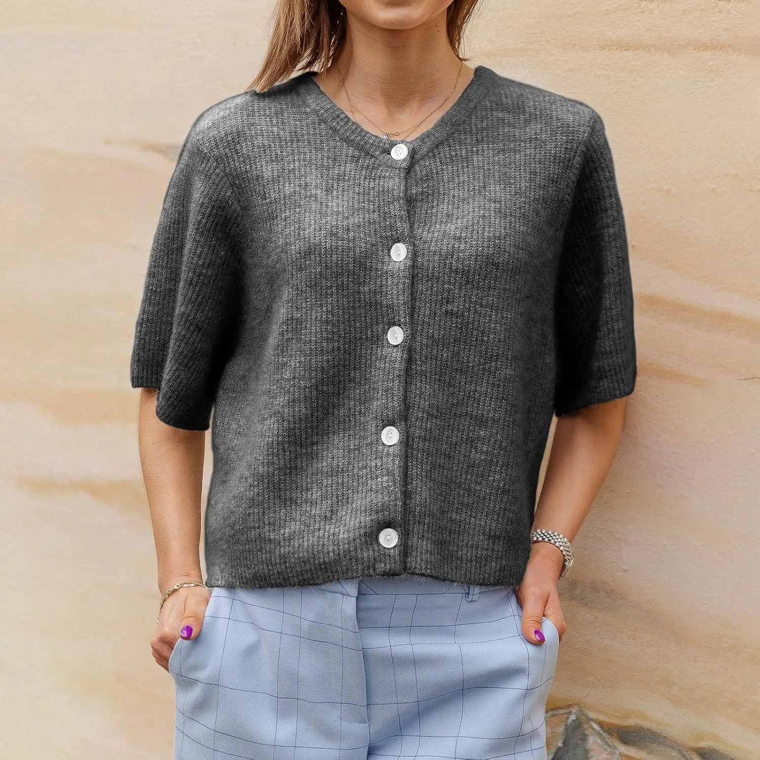 Women Knitted Crop Cardigan Shirt Short Sleeve Y2k Button up Knit Cute Going Out Sweaters