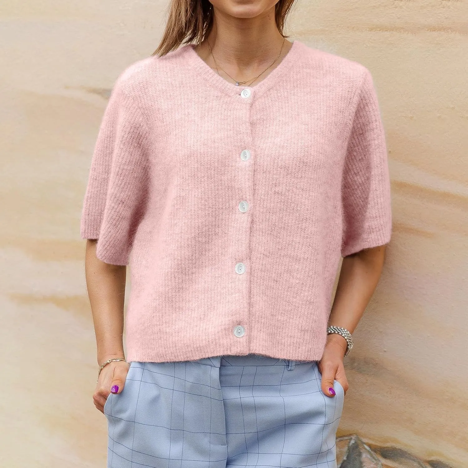 Women Knitted Crop Cardigan Shirt Short Sleeve Y2k Button up Knit Cute Going Out Sweaters