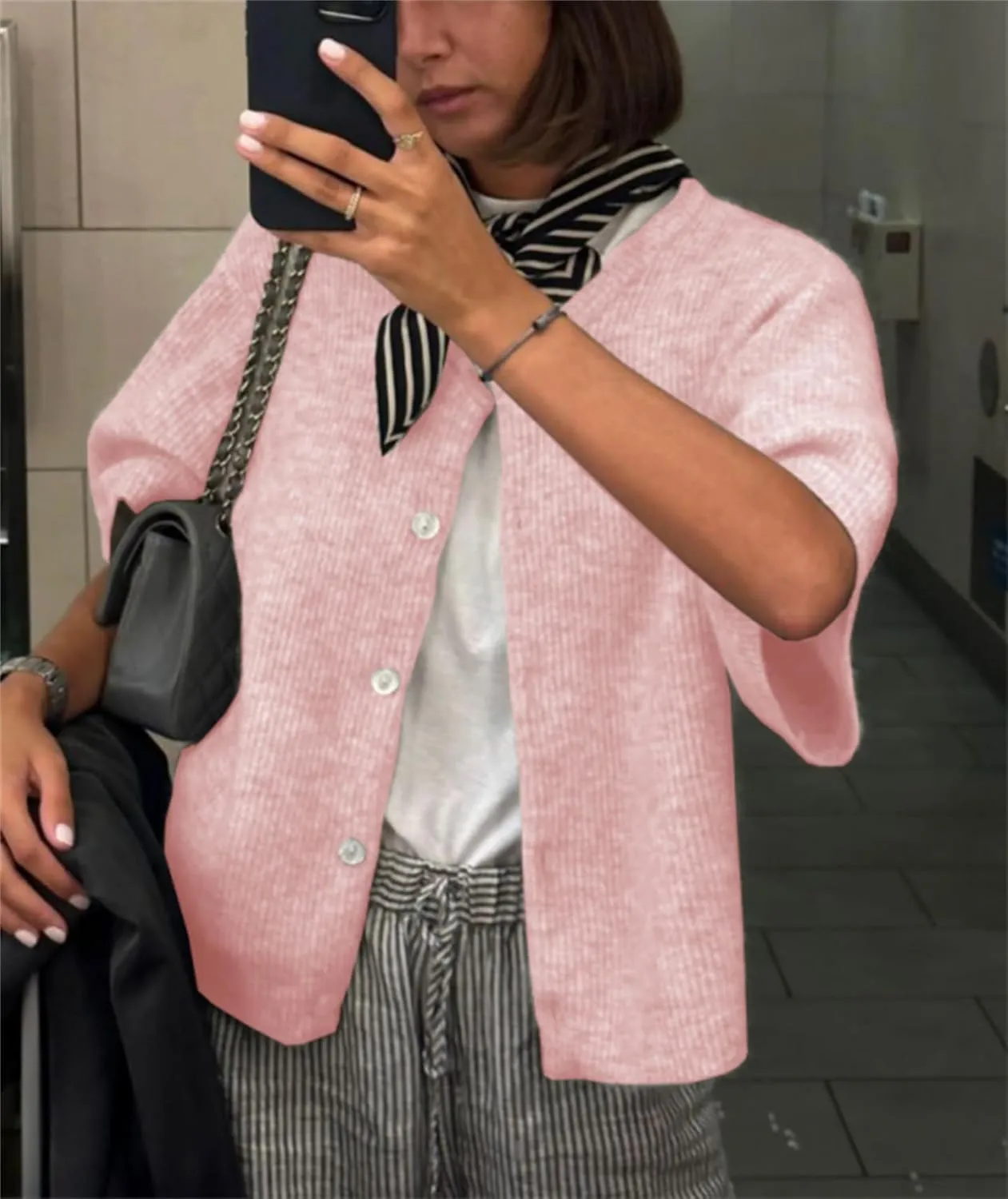 Women Knitted Crop Cardigan Shirt Short Sleeve Y2k Button up Knit Cute Going Out Sweaters