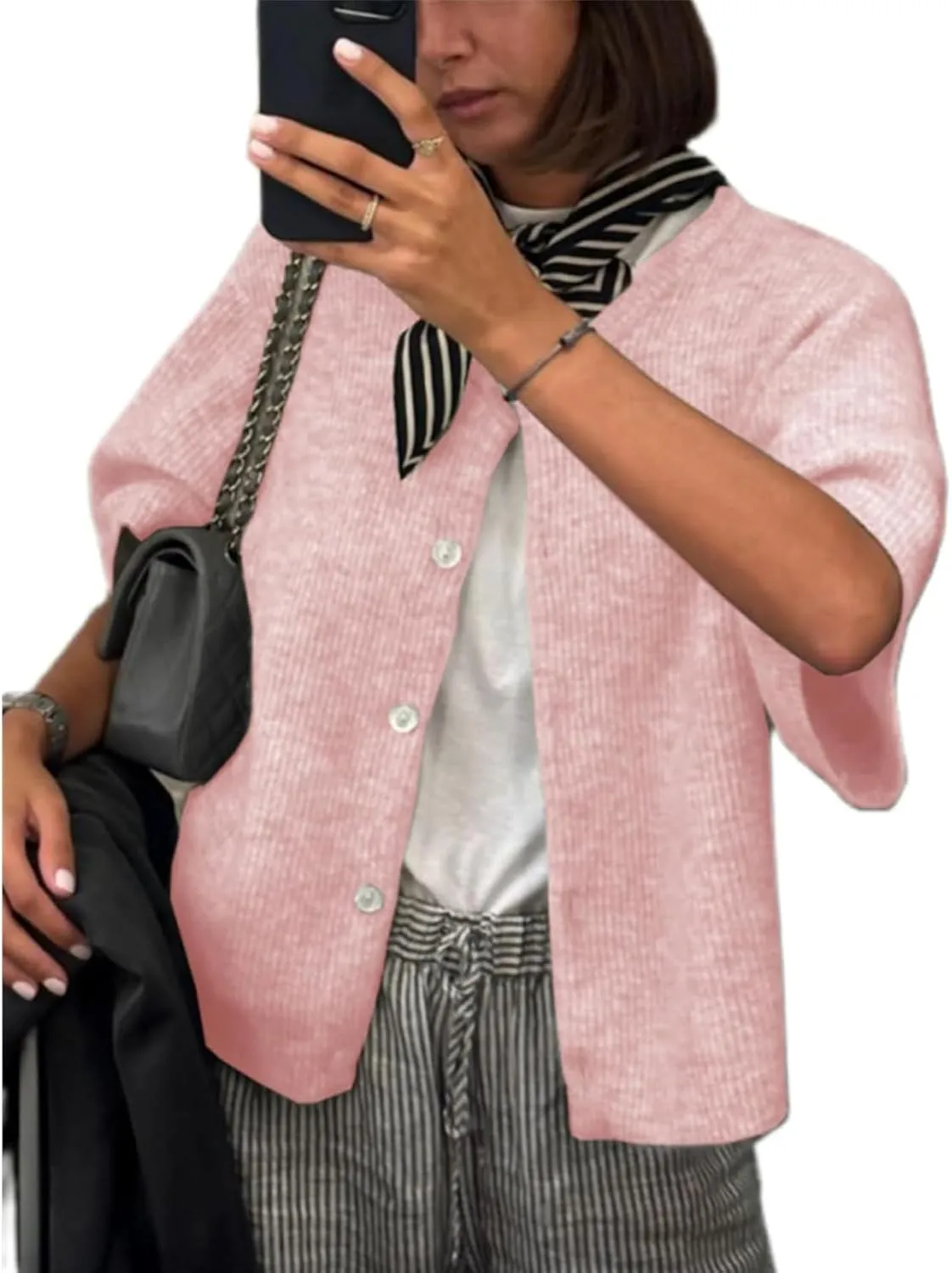 Women Knitted Crop Cardigan Shirt Short Sleeve Y2k Button up Knit Cute Going Out Sweaters