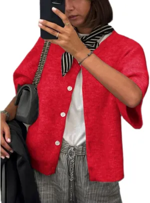 Women Knitted Crop Cardigan Shirt Short Sleeve Y2k Button up Knit Cute Going Out Sweaters