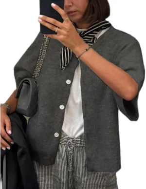 Women Knitted Crop Cardigan Shirt Short Sleeve Y2k Button up Knit Cute Going Out Sweaters