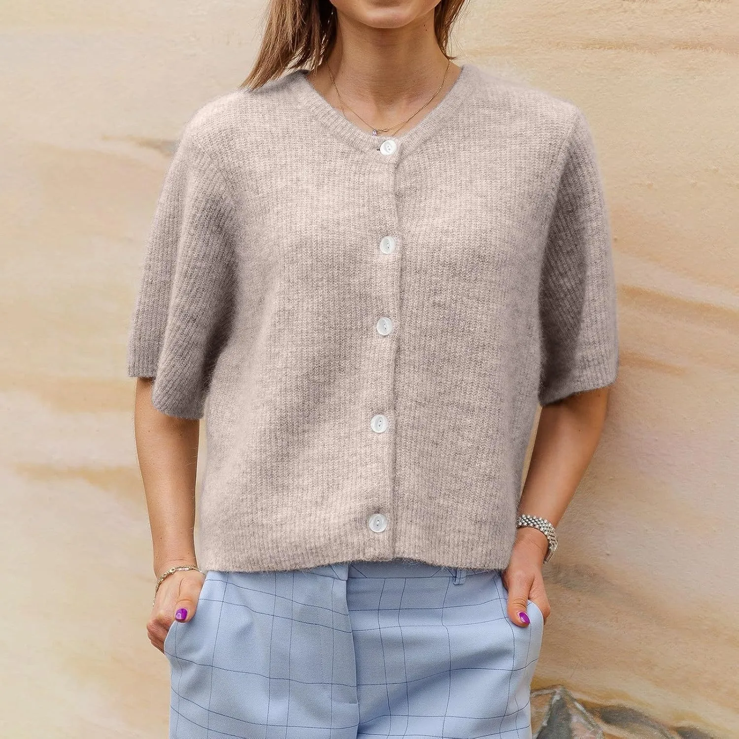 Women Knitted Crop Cardigan Shirt Short Sleeve Y2k Button up Knit Cute Going Out Sweaters