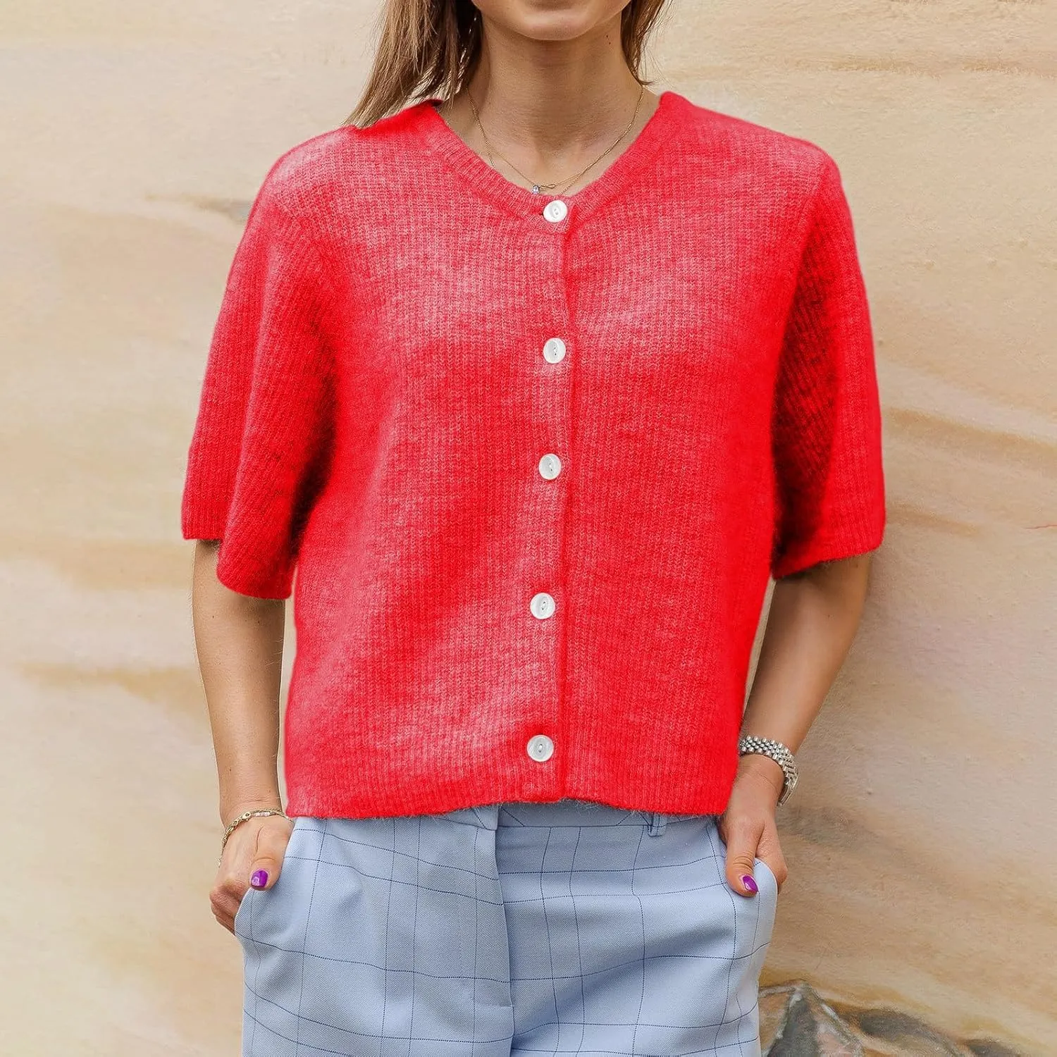 Women Knitted Crop Cardigan Shirt Short Sleeve Y2k Button up Knit Cute Going Out Sweaters