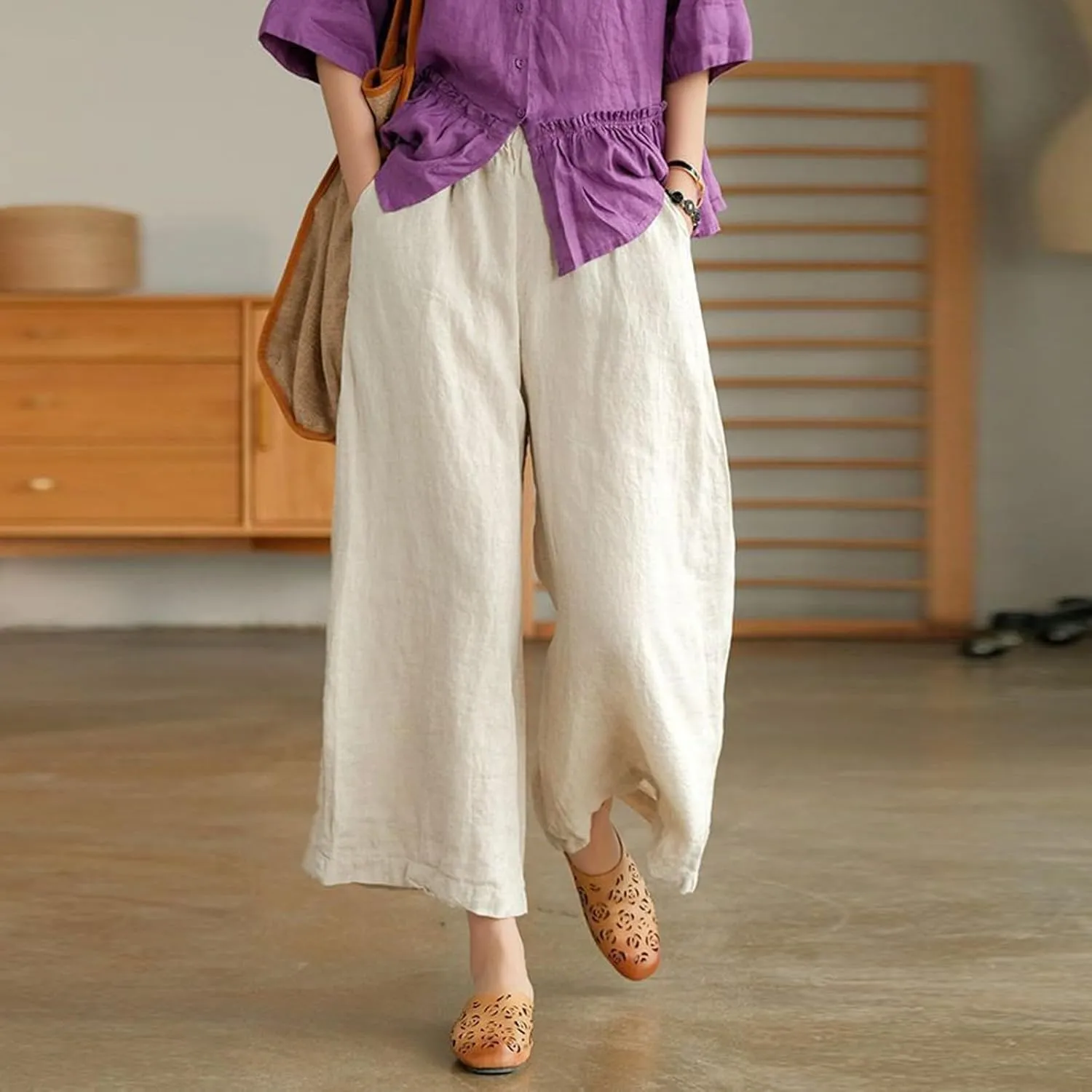 Women Linen Blend Summer Floral Pant Trousers Low Waist Baggy Stretchy Slim-Fit Pants Beach