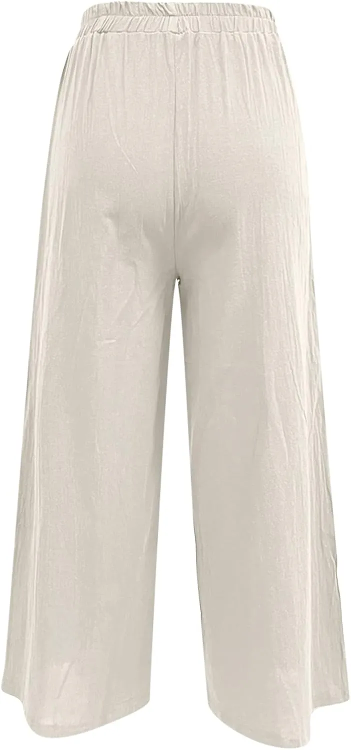 Women Linen Blend Summer Floral Pant Trousers Low Waist Baggy Stretchy Slim-Fit Pants Beach