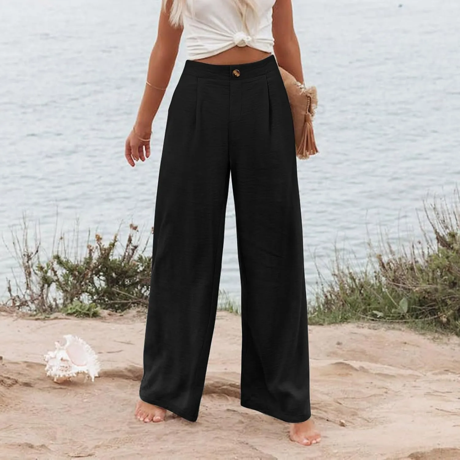 Women Linen Blend Summer Floral Pant Trousers Low Waist Baggy Stretchy Slim-Fit Pants Beach