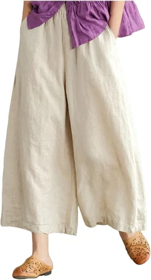 Women Linen Blend Summer Floral Pant Trousers Low Waist Baggy Stretchy Slim-Fit Pants Beach
