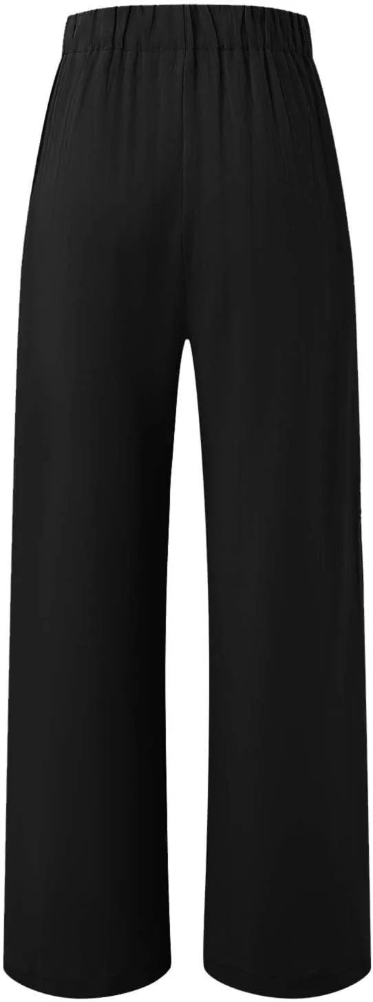 Women Linen Blend Summer Floral Pant Trousers Low Waist Baggy Stretchy Slim-Fit Pants Beach