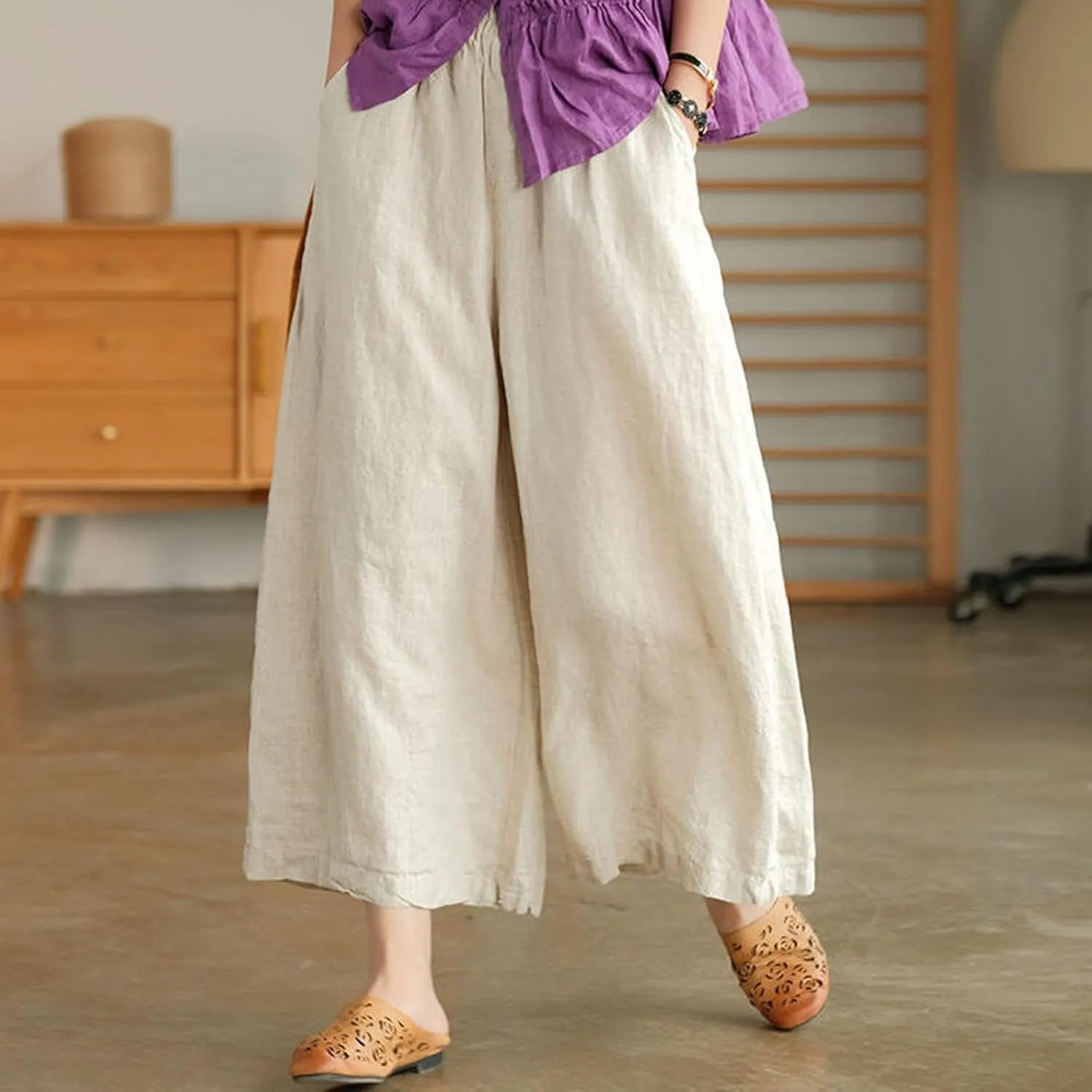 Women Linen Blend Summer Floral Pant Trousers Low Waist Baggy Stretchy Slim-Fit Pants Beach