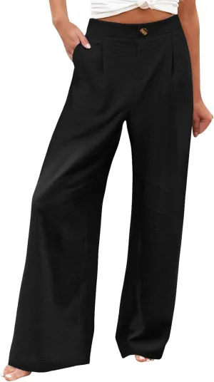 Women Linen Blend Summer Floral Pant Trousers Low Waist Baggy Stretchy Slim-Fit Pants Beach