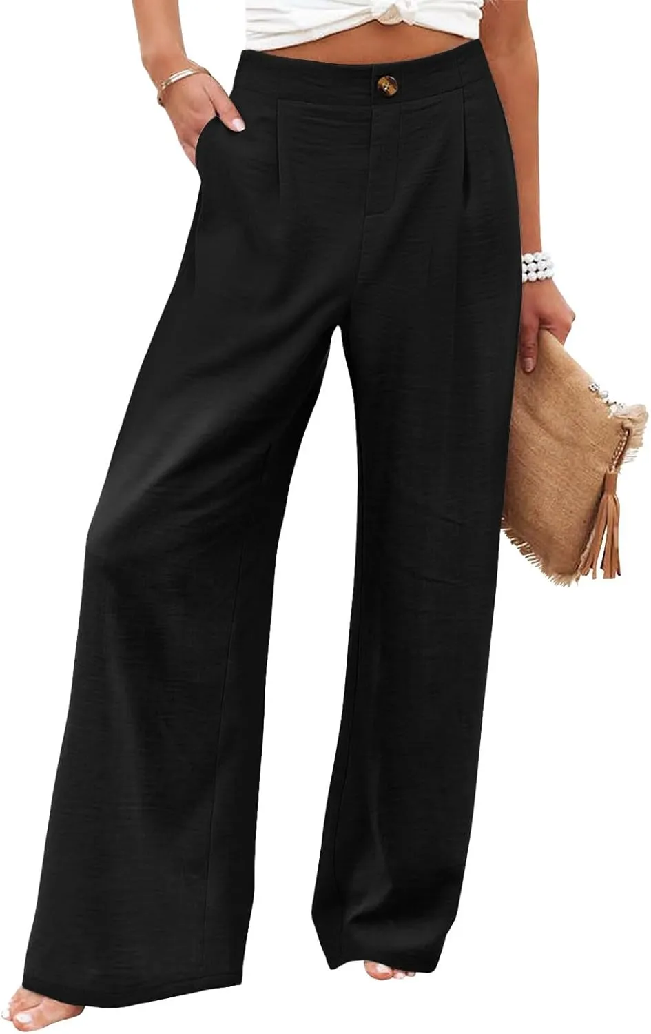 Women Linen Blend Summer Floral Pant Trousers Low Waist Baggy Stretchy Slim-Fit Pants Beach