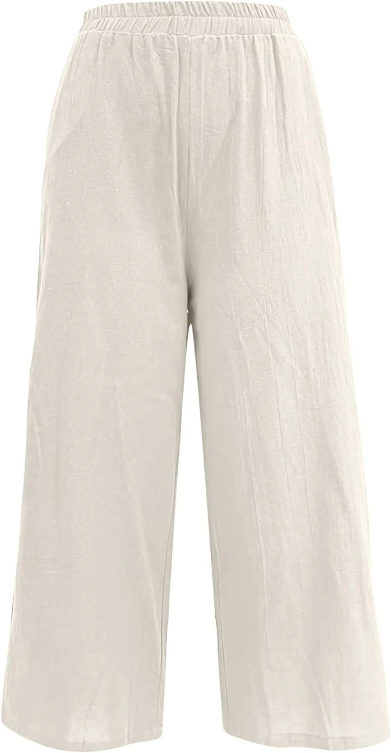 Women Linen Blend Summer Floral Pant Trousers Low Waist Baggy Stretchy Slim-Fit Pants Beach