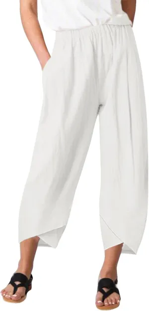 Women Linen Blend Summer Print Pant Trousers Low Waist Baggy Stretchy Slim-Fit Pant Trousers Office