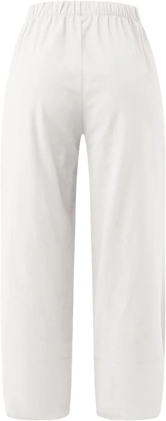 Women Linen Blend Summer Print Pant Trousers Low Waist Baggy Stretchy Slim-Fit Pant Trousers Office