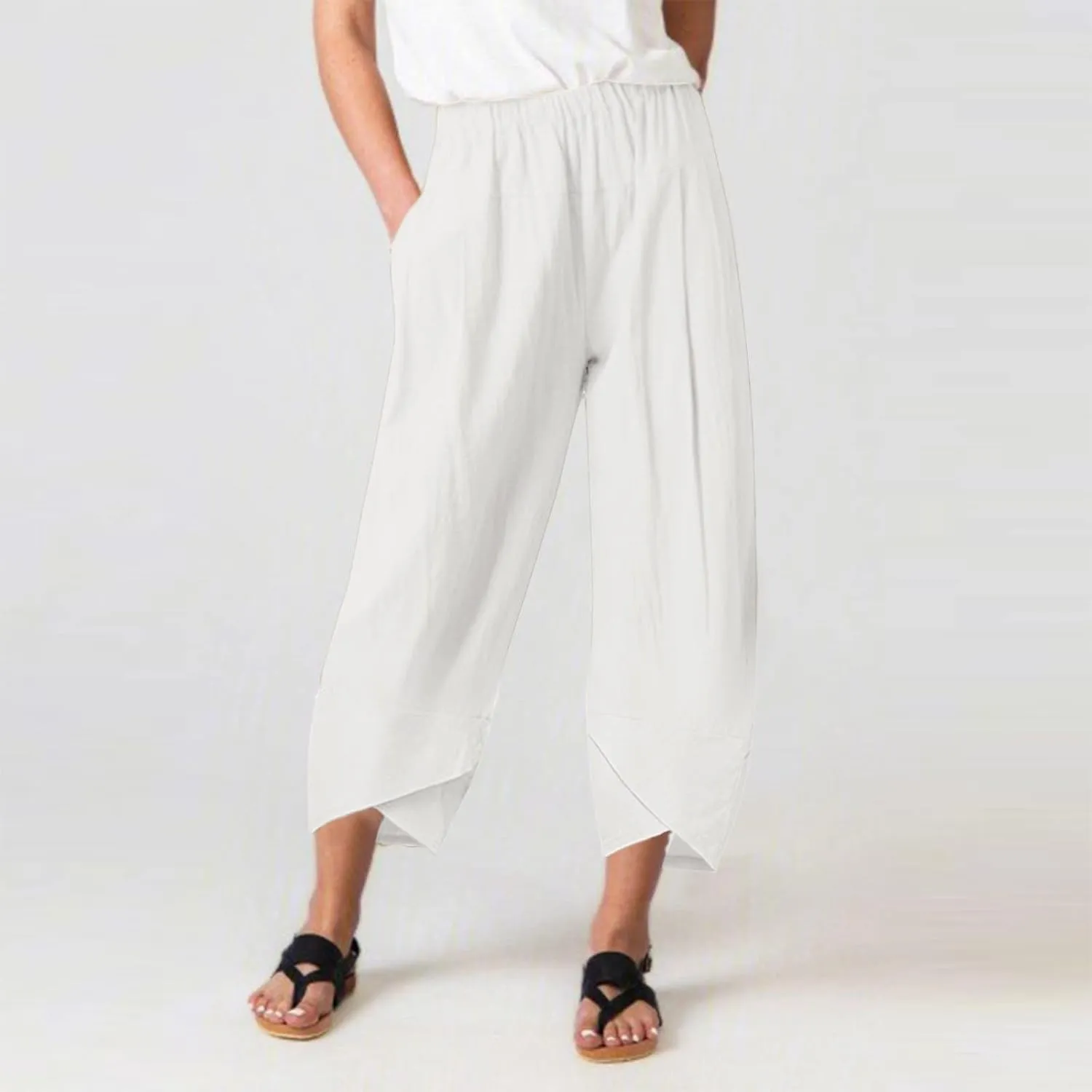 Women Linen Blend Summer Print Pant Trousers Low Waist Baggy Stretchy Slim-Fit Pant Trousers Office