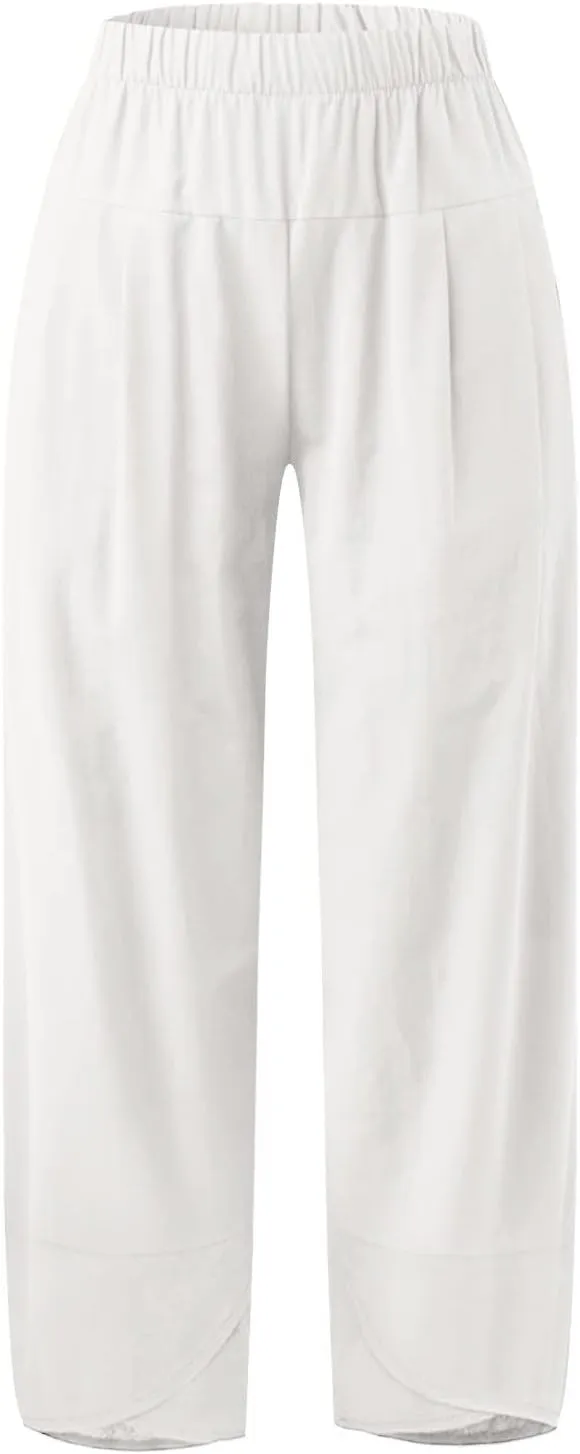 Women Linen Blend Summer Print Pant Trousers Low Waist Baggy Stretchy Slim-Fit Pant Trousers Office