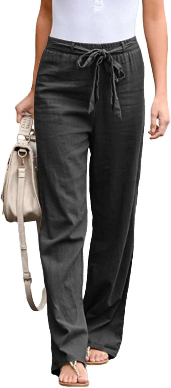 Women Linen Summer Baggy Palazzo Lounge Pants Low Waist Baggy Stretchy Plus Size Trousers Trendy