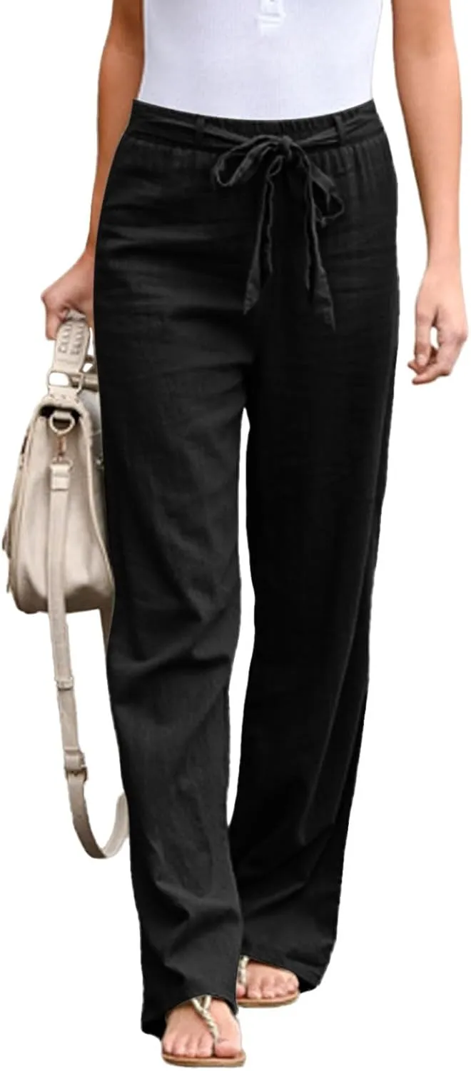 Women Linen Summer Baggy Palazzo Lounge Pants Low Waist Baggy Stretchy Plus Size Trousers Trendy