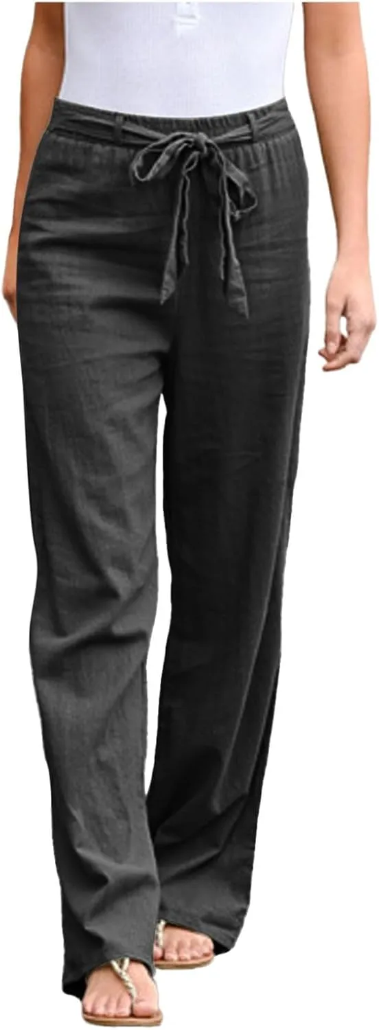 Women Linen Summer Baggy Palazzo Lounge Pants Low Waist Baggy Stretchy Plus Size Trousers Trendy