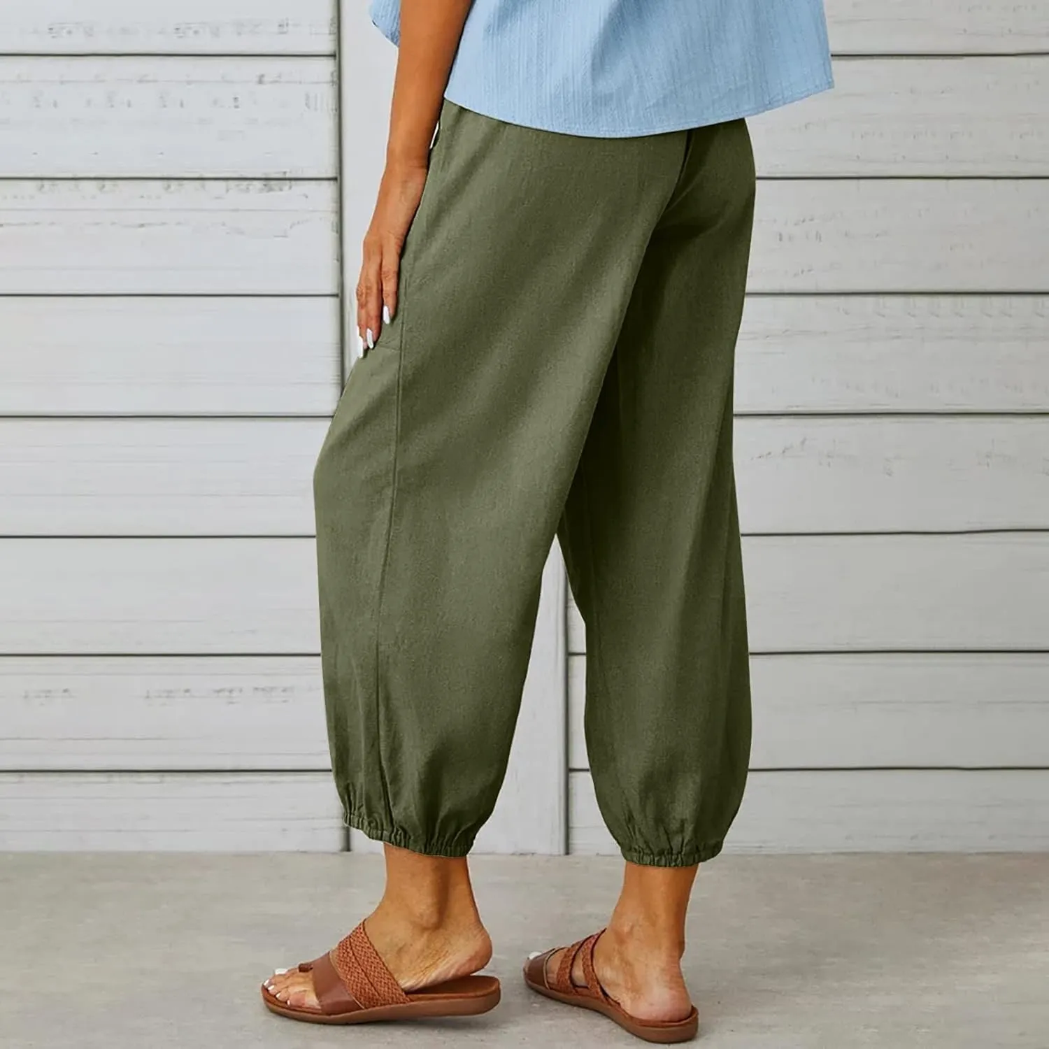 Women Linen Summer Boho Pant Trousers Low Waist Stretchy Plus Size Trouser Business Work
