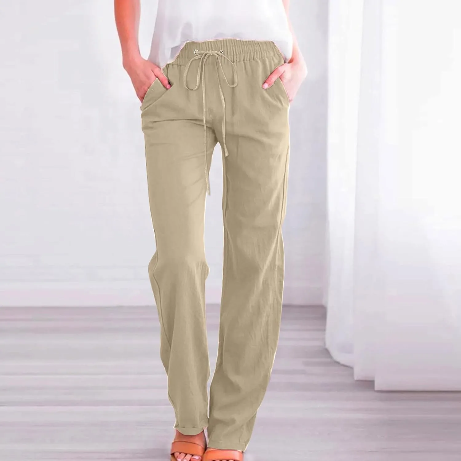 Women Linen Summer Boho Pant Trousers Low Waist Stretchy Plus Size Trouser Business Work