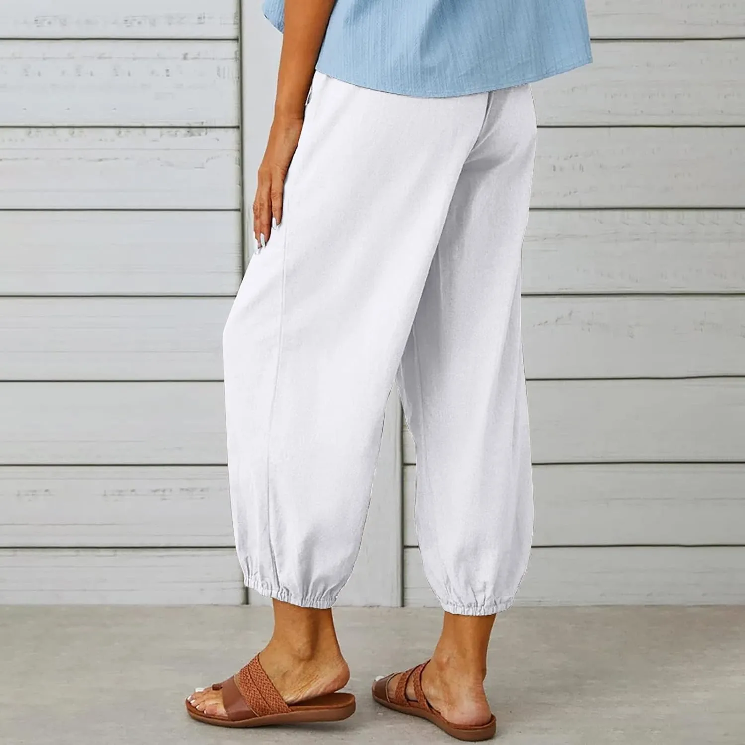 Women Linen Summer Boho Pant Trousers Low Waist Stretchy Plus Size Trouser Business Work