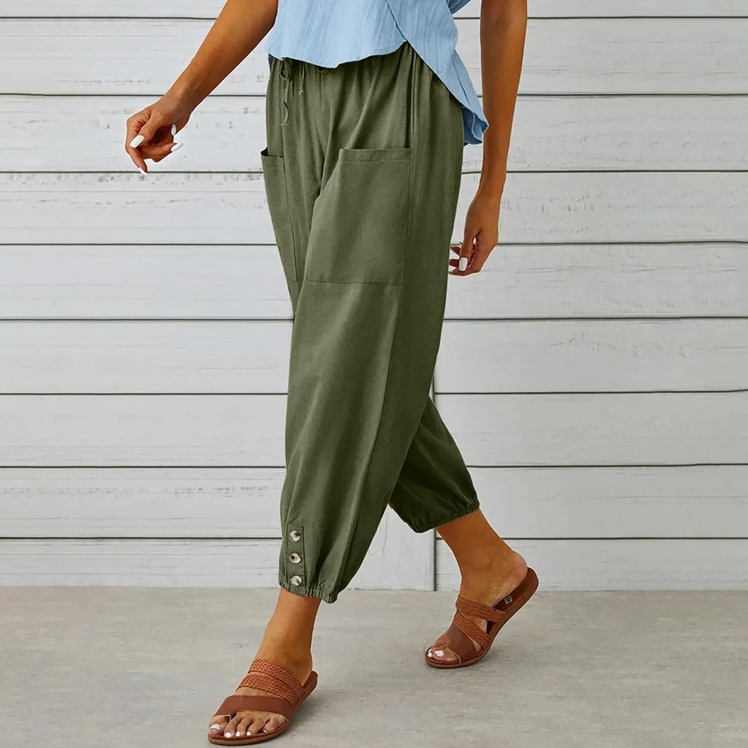 Women Linen Summer Boho Pant Trousers Low Waist Stretchy Plus Size Trouser Business Work