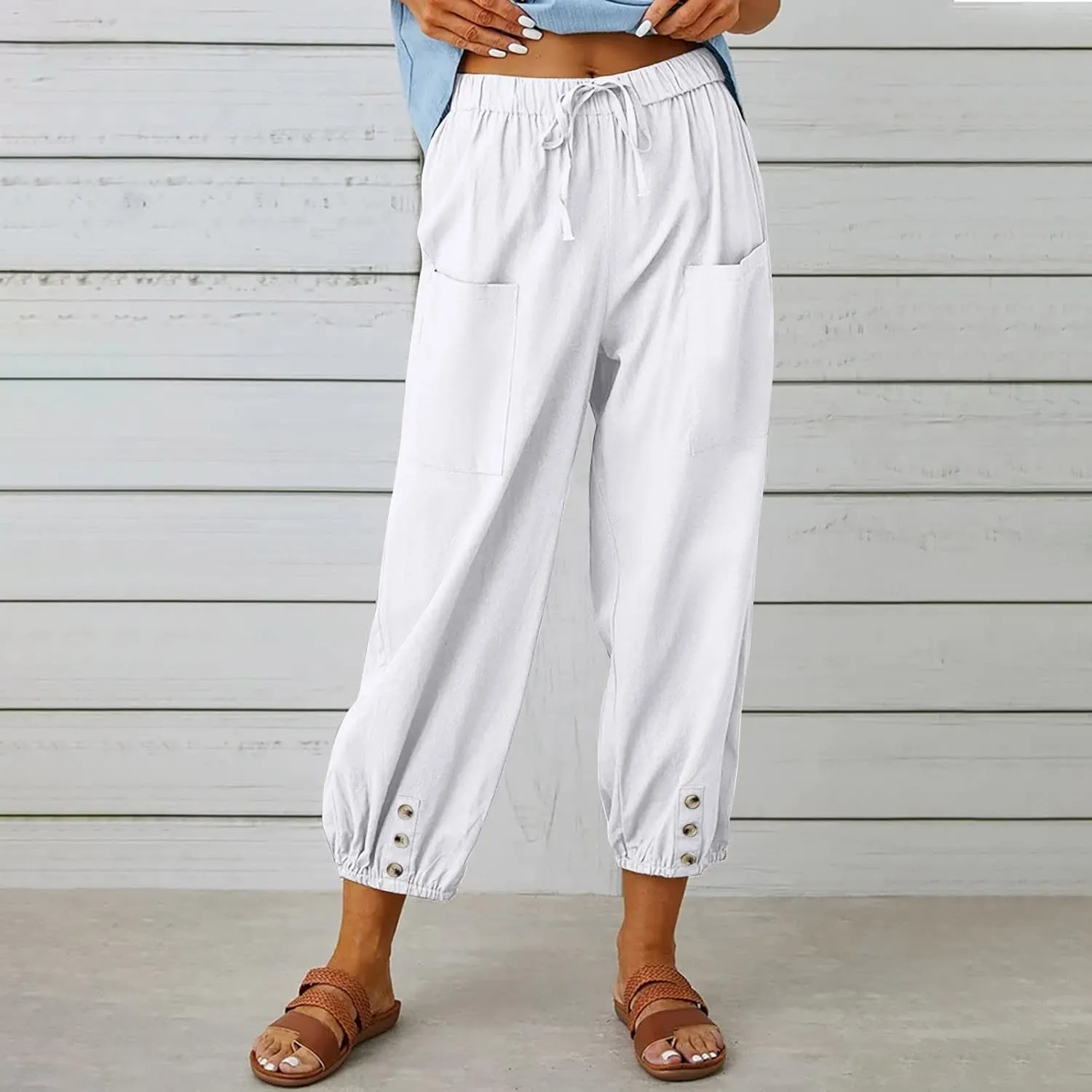 Women Linen Summer Boho Pant Trousers Low Waist Stretchy Plus Size Trouser Business Work