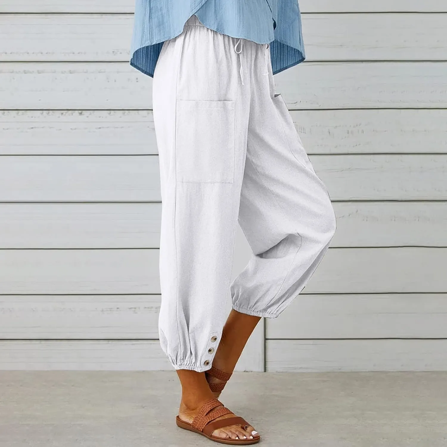 Women Linen Summer Boho Pant Trousers Low Waist Stretchy Plus Size Trouser Business Work