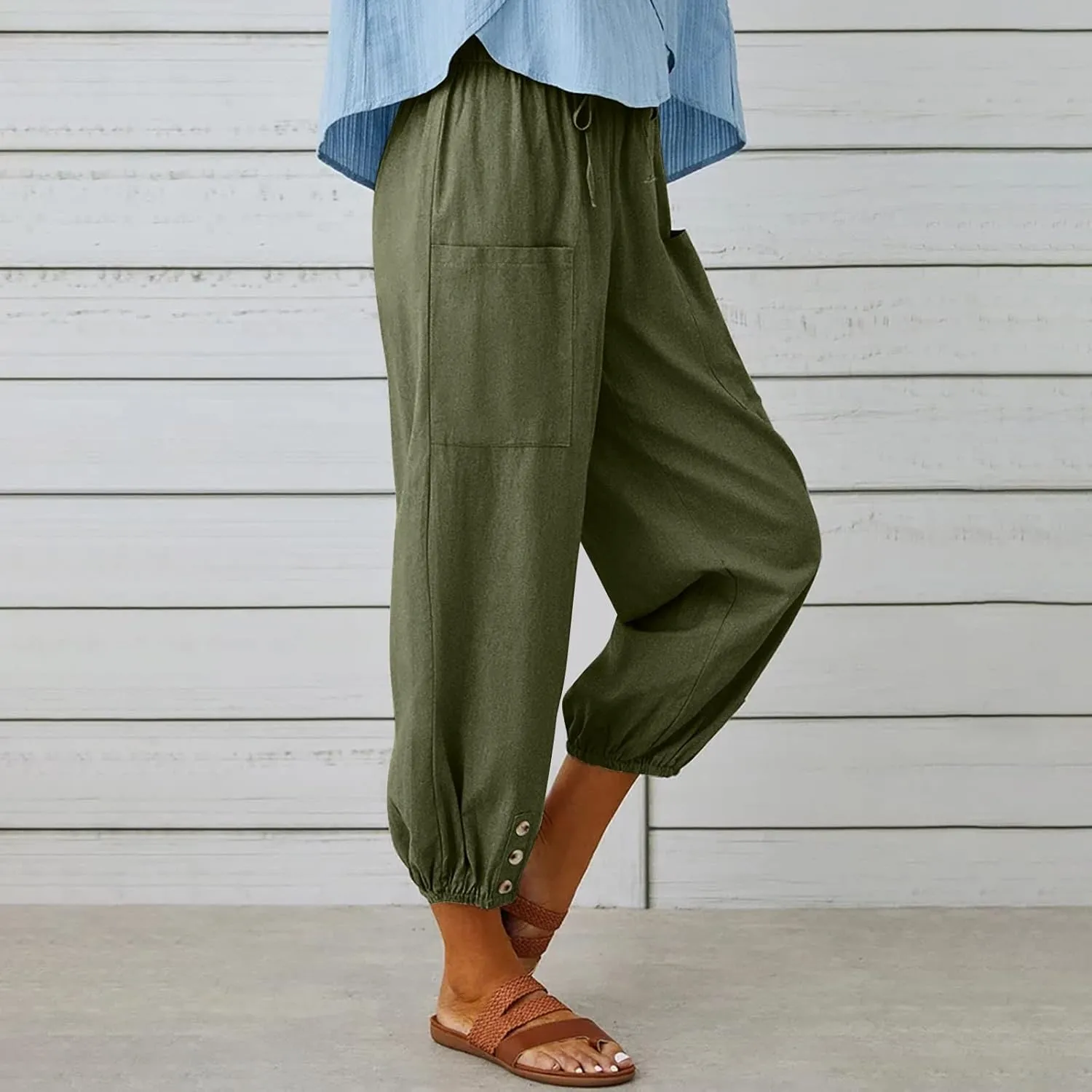 Women Linen Summer Boho Pant Trousers Low Waist Stretchy Plus Size Trouser Business Work