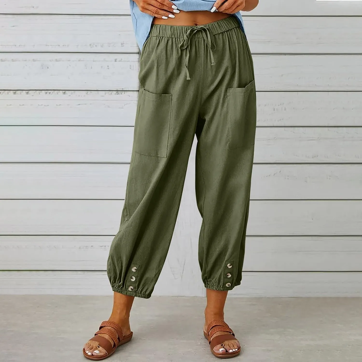 Women Linen Summer Boho Pant Trousers Low Waist Stretchy Plus Size Trouser Business Work