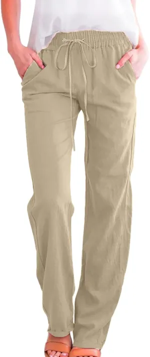 Women Linen Summer Boho Pant Trousers Low Waist Stretchy Plus Size Trouser Business Work